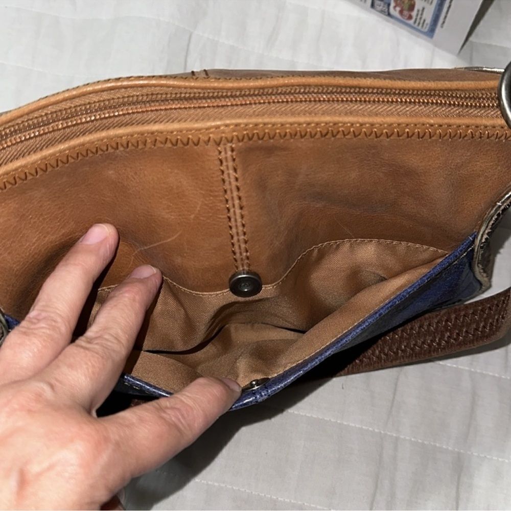The Sak Blue Brown Gold Trim Genuine Leather Hobo Purse - Picture 12 of 16